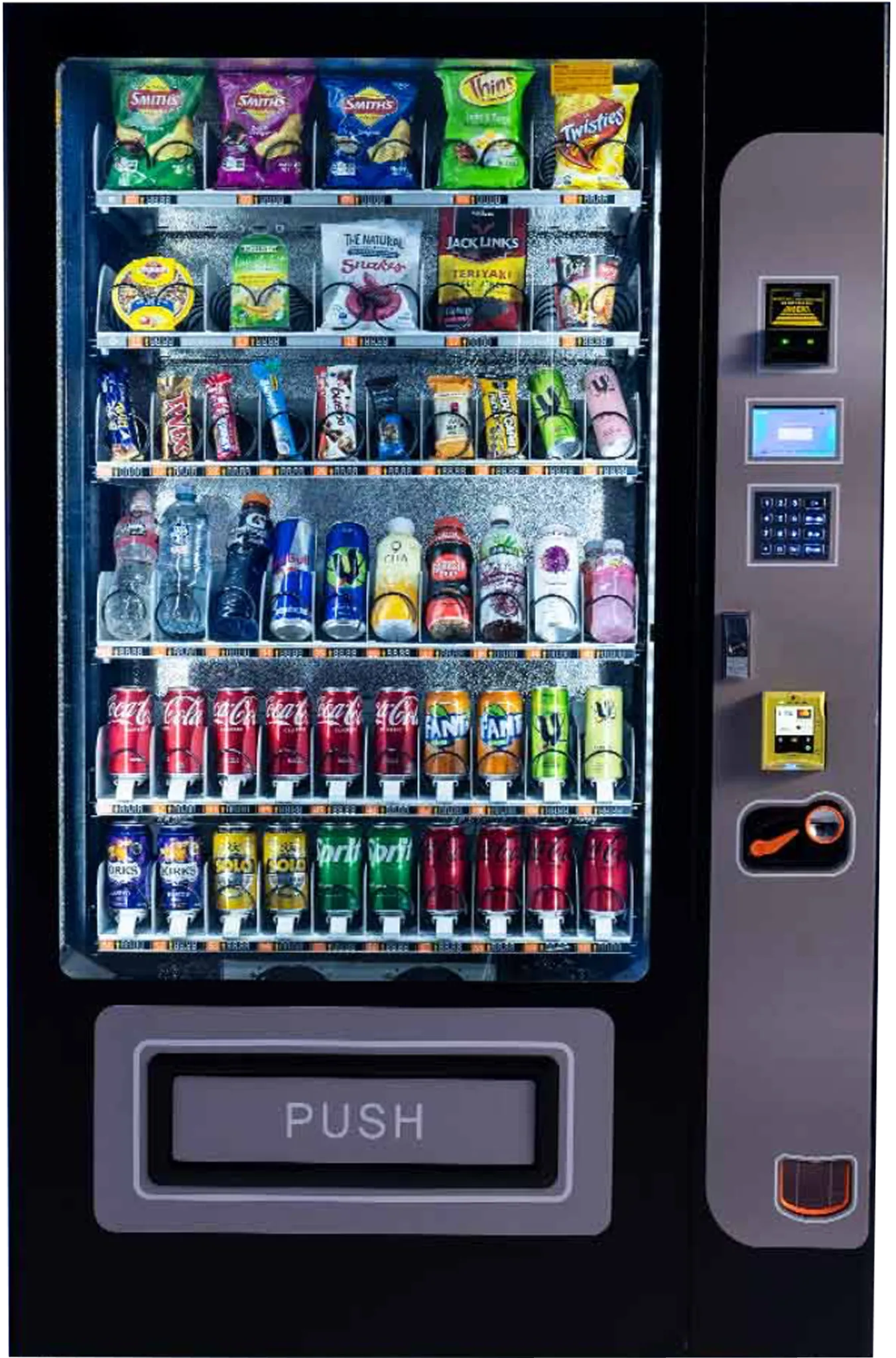 A Vending Queen vending machine stocked with snacks and drinks